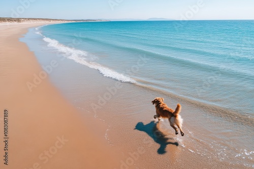 A golden retriever enthusiastically runs along a tranquil beach, with gentle waves lapping the shore and a clear sky in the background, embodying pure joy and freedom.