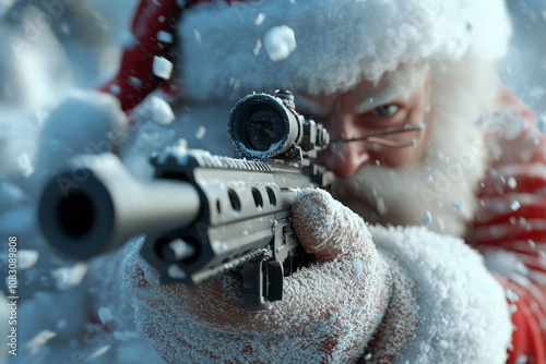 Santa Claus Aiming Rifle with Intense Focus in Snowy Landscape..