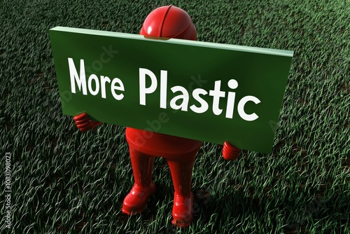 A red figure holding a sign advocating for more plastic in a grassy area