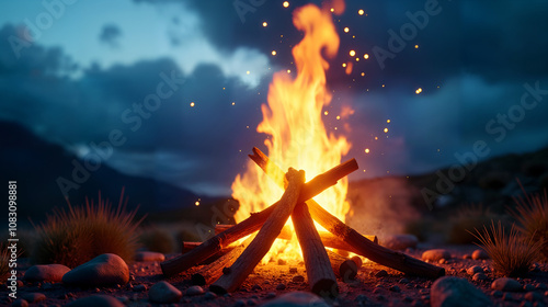 Stunning Close-up of a Glowing Campfire Illuminating a Dark Blue Night Sky with Effervescent Flames