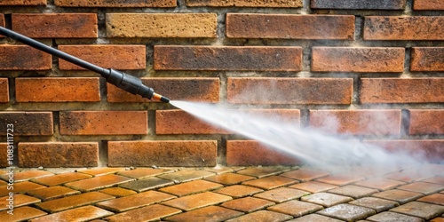 A powerful water jet streams from a pressure washer, aimed at a brick wall, creating a plume of mist. The jet cleanses the brick, revealing its natural texture and color.