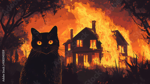 Fire in country house left cat homeless. Inferno. Illustration