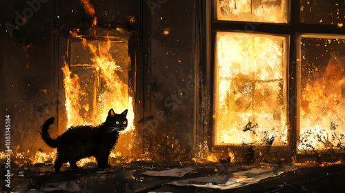 Fire in country house left cat homeless. Inferno. Illustration