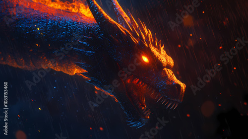 A formidable dragon roars in a dark, rain-soaked realm, with flames lighting the night. Inferno. Illustration