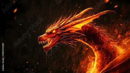 A formidable dragon roars in a dark, rain-soaked realm, with flames lighting the night. Inferno. Illustration