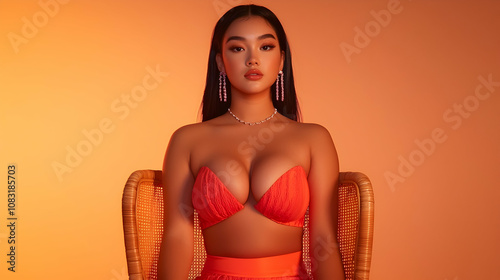 Radiant Confidence: A captivating portrait of a woman exuding confidence and allure in vibrant orange lighting. Her captivating gaze and stylish attire create a powerful and alluring image. 