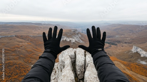 A traveler stands on the edge of a cliff with arms wide open, overlooking a beautiful valley.