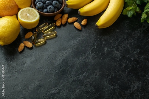 A vibrant breakfast table filled with fruits, nuts, and vitamin supplements, symbolizing the ability of diet and supplements to achieve optimum health.