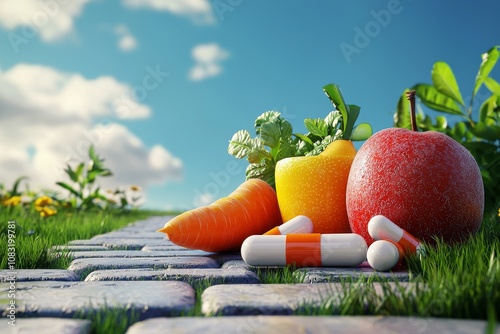 The landscape is filled with giant fruits and vegetables surrounded by flowers growing from vitamin supplements