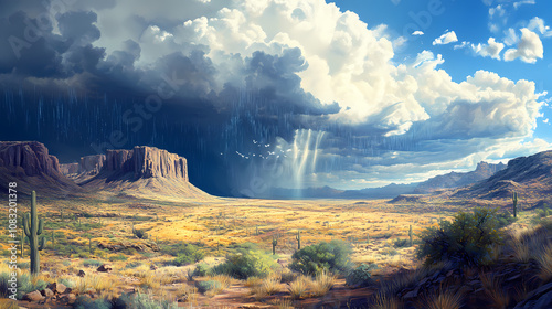 Forced perspective of a monsoon thunderstorm in the arizona desert. Monsoon. Illustration