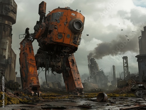 A rusty, orange, bipedal robot stands in a post-apocalyptic wasteland.