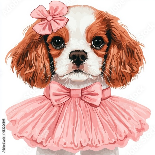 Cute dog in a pink dress with a bow, white isolated background.