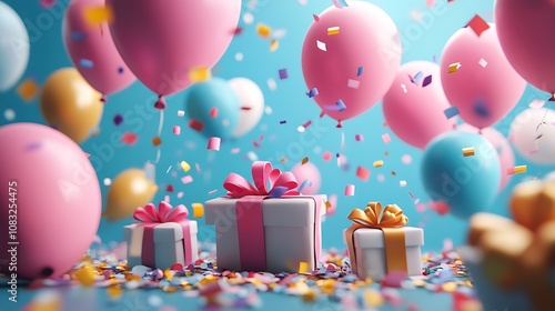 Celebration scene with colorful balloons and gifts party room festive atmosphere close-up view joyful concept