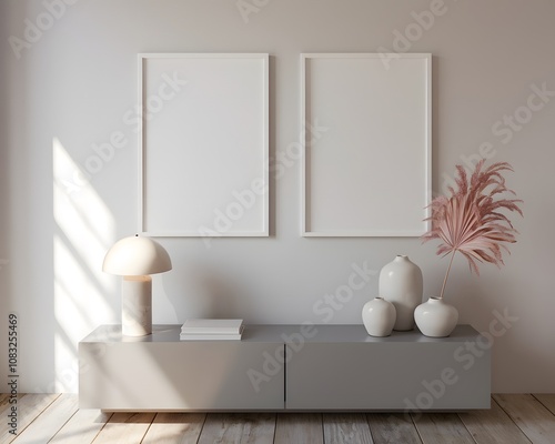 A minimalist interior setting with two blank white rectangular frames hung vertically on a light gray wall. Below the frames, there's a sleek gray console table . 