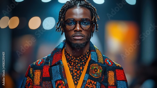 Smart Man model on a runway wearing a geomatric black outfit, blending bold colors and intricate patterns, spotlight highlighting the look