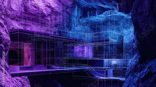 A dark mode purple and blue 3d wireframe sectional cutaway view of rooms inside a mountain building for infiltration mission strategic planning