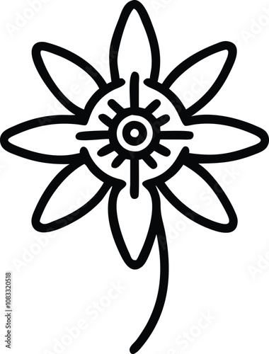 Simple line art flower with geometric center, Minimalist black line drawing of a flower featuring pointed petals and a geometric, stylized center design, emphasizing simplicity. 