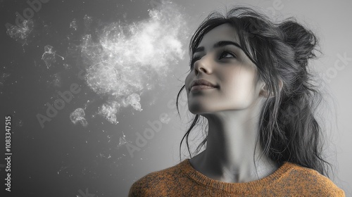 Woman inhaling, dreaming, fantasy, smoke.