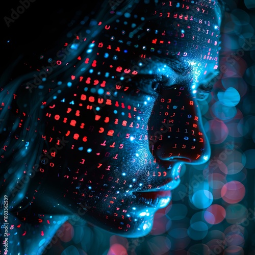 Сlose-up of a woman's face. The concept of the cybersecurity expert. Young adult female cybersecurity expert. With AI code illusminated overlay around her. Female Computer Engineer. Generate AI.