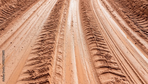 A close-up view of muddy tire tracks on a dirt road, showcasing the texture and patterns created by vehicles.