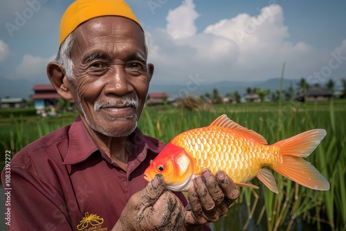 A man holding a goldfish in his hand