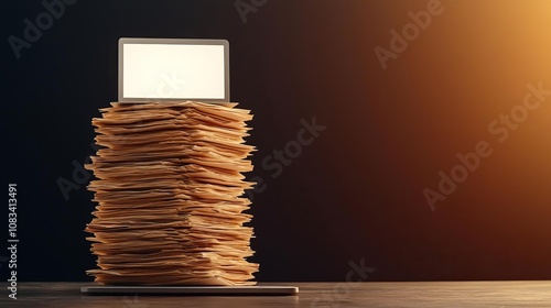 Workspace facing economic strain, neat stack of documents, dim lighting creating subtle contrast, blank screen on laptop, neutral colors, balanced light, modern office setup