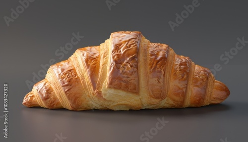 A single, golden-brown croissant with a flaky, buttery texture. It is isolated on a grey background and has a crisp, fresh appearance.