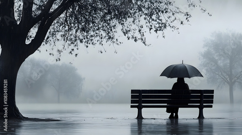  Person sitzt unter Regenschirm auf Parkbank bei Regen in melancholischer Stimmung