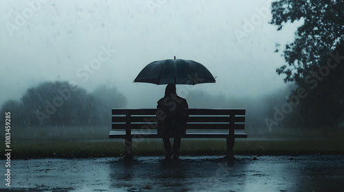  Person sitzt unter Regenschirm auf Parkbank bei Regen in melancholischer Stimmung