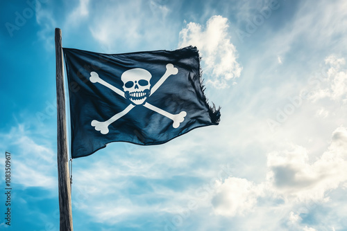 Pirate flag jolly roger on sky background, copyspace