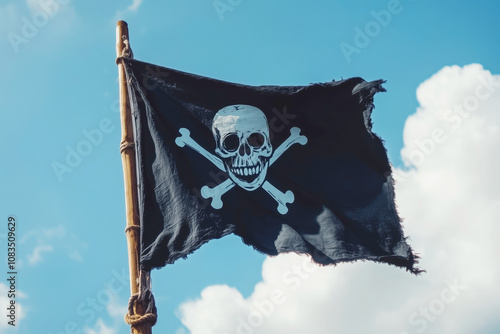 Pirate flag jolly roger on sky background