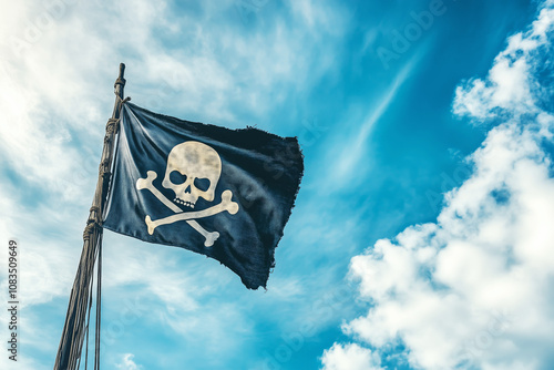 Pirate flag jolly roger on sky background, copyspace