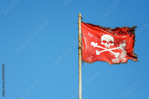 Red pirate flag jolly roger on sky background, copyspace