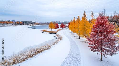  Aerial View of Sailimu Lake in Autumn and Winter with Snow-Covered Landscape and Curved Path