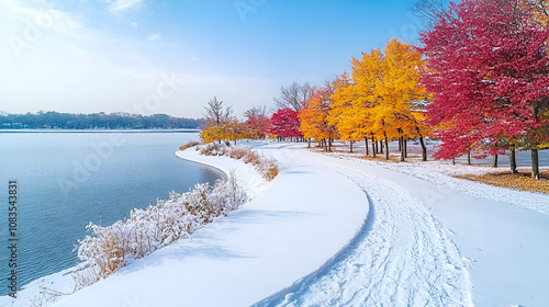  Aerial View of Sailimu Lake in Autumn and Winter with Snow-Covered Landscape and Curved Path