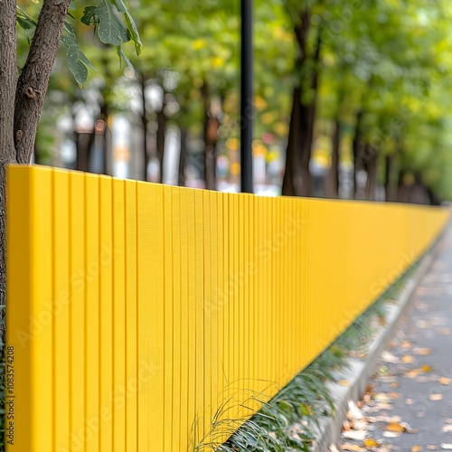 Vibrant yellow fence along a tree-lined urban pathway