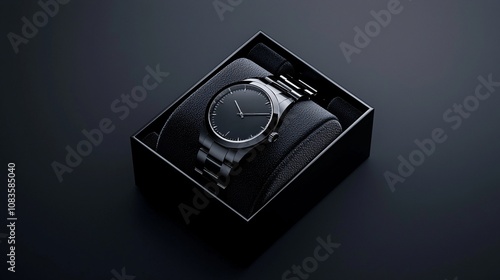 Branding preview mockup of a luxury watch shown in a custom velvet box, set on a dark background