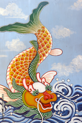 Quan De Mieu taoist temple. Fish. Wall painting. An Giang Province. Mekong Delta, Vietnam.