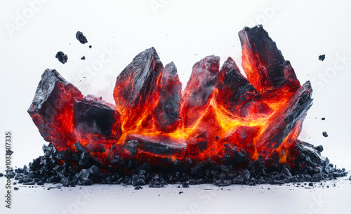 Glowing lava rocks in dynamic motion. Lava rocks break apart, glowing intensely as molten lava flows between them, showcasing nature's raw power and beauty.