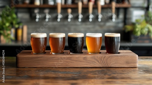 Craft beer flight with four unique brews in different shades amber and dark ales wooden serving board bar setting with taps in the background