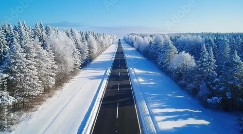 A wide road in the middle of a snowy forest, snow-covered trees on both sides of the highway 