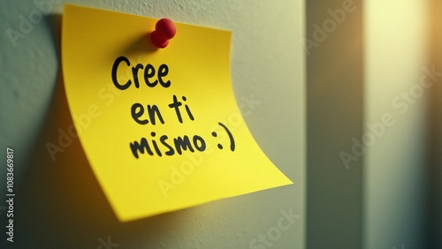 Nota adhesiva con el mensaje 'Cree en ti mismo :)' escrita a mano, fijada con un chinche rojo en una pared. Una invitación a la autoconfianza, inspiración y actitud positiva en la vida cotidiana.