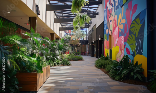 Urban shopping enclave featuring colorful murals and cascading pothos plants in a vibrant city scene