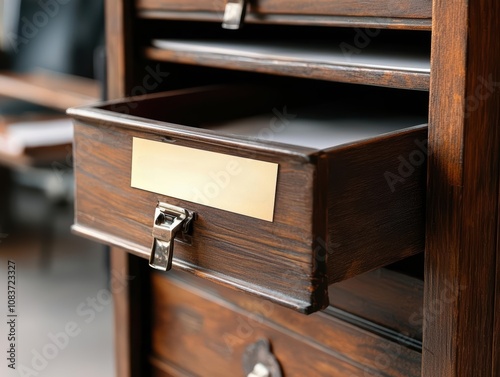 Wooden drawer unit with open drawer revealing organizational label.