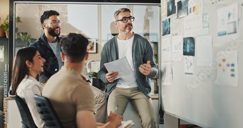 Diversity, group of people and presentation in office for collaboration, brainstorming and planning. Teamwork, discussion and meeting for project management, employee engagement and business proposal