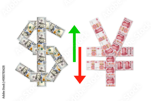 Yuan and dollars sign made from 100 US dollars and 100 yuan banknotes. CNY and Dollar exchange rate