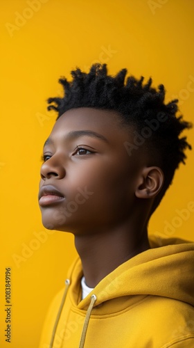 A young Black boy gazes thoughtfully into the distance, surrounded by bright yellow light