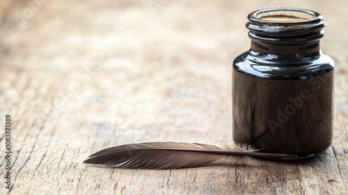 Vintage Ink Bottle with Quill Feather on Rustic Wooden Surface, Perfect for Creative Projects, Writing, Calligraphy, and Artistic Expressions in a Nostalgic Setting