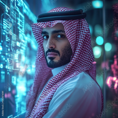 A medium shot of a Saudi man with a highly realistic and detailed face, wearing traditional attire, including a white thobe and a red and white shemagh. generative ai