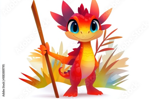 Small Kobold Dragon Wizard With Yellow Scales Holding a Staff in a Colorful Forest Setting